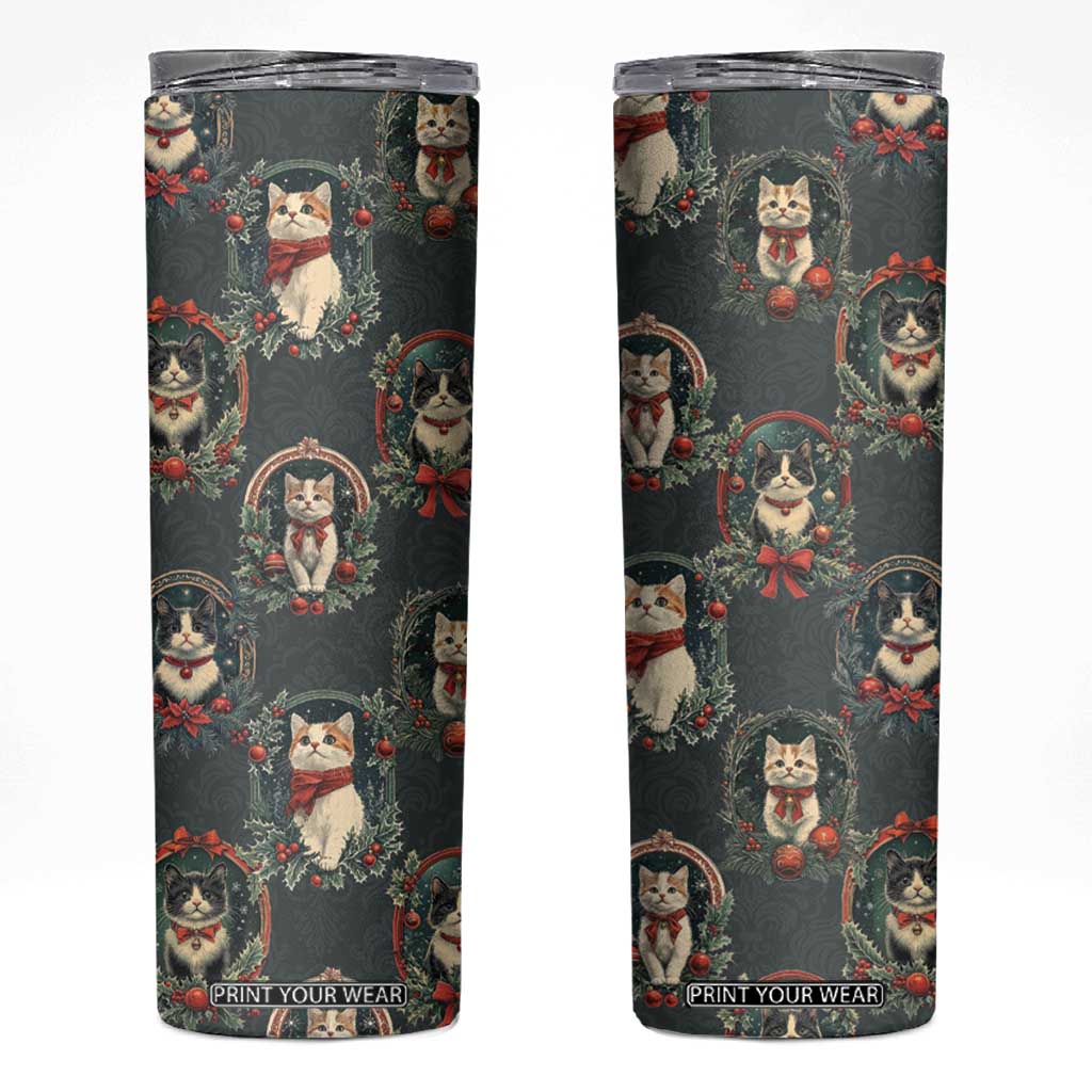 Christmas Cat Skinny Tumbler Vintage Kitten Victorian Royal Holly Wreath TB09 Green Print Your Wear