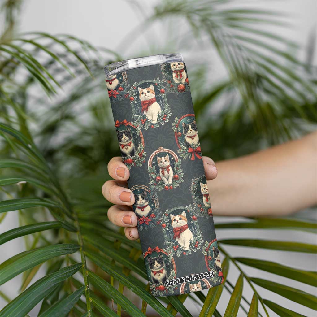 Christmas Cat Skinny Tumbler Vintage Kitten Victorian Royal Holly Wreath TB09 Print Your Wear