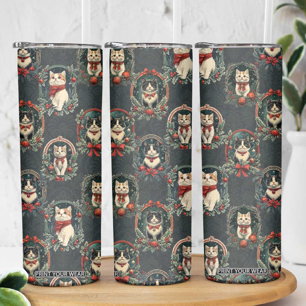 Christmas Cat Skinny Tumbler Vintage Kitten Victorian Royal Holly Wreath TB09 Print Your Wear