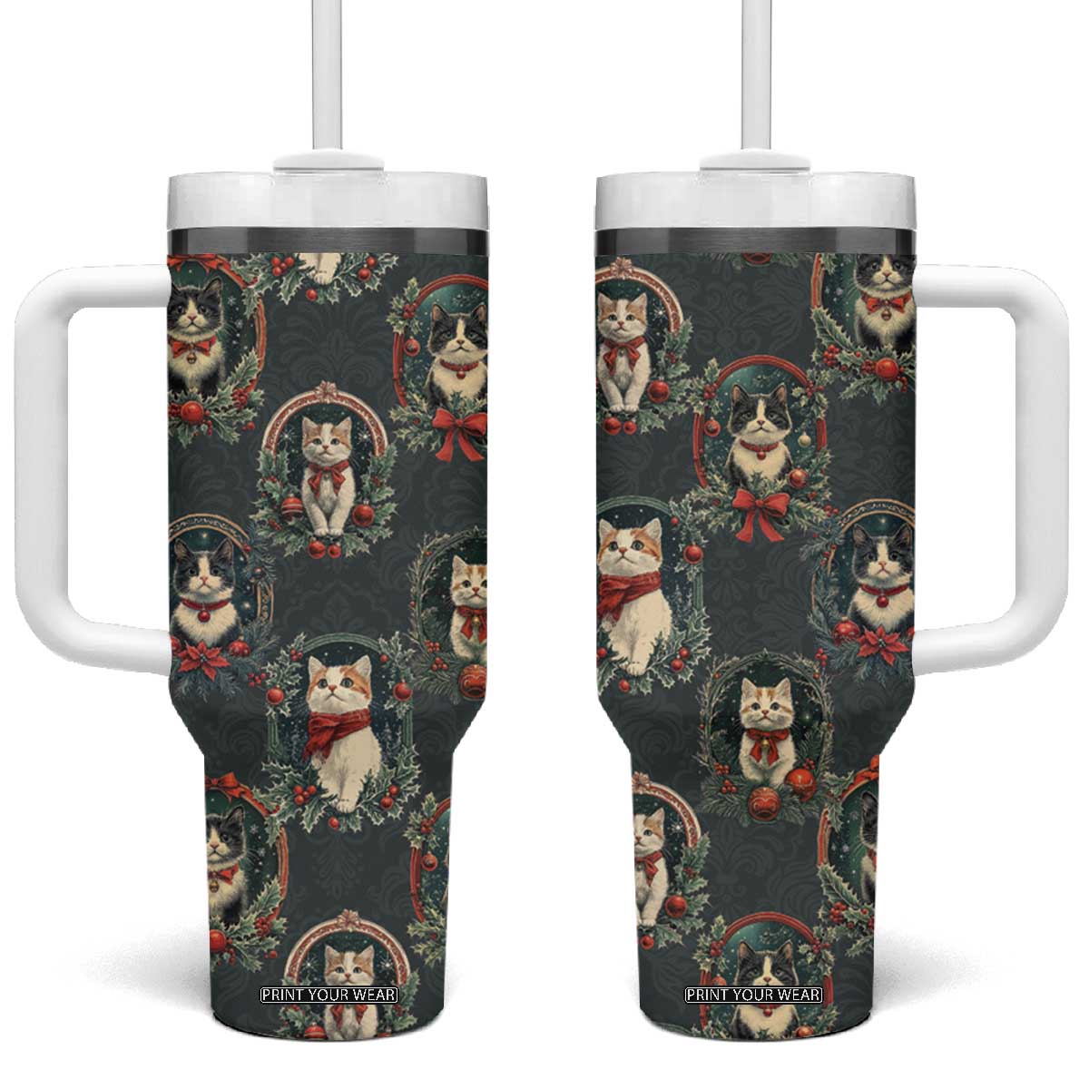 Christmas Cat Tumbler With Handle Vintage Kitten Victorian Royal Holly Wreath TB09 One Size: 40 oz Green Print Your Wear