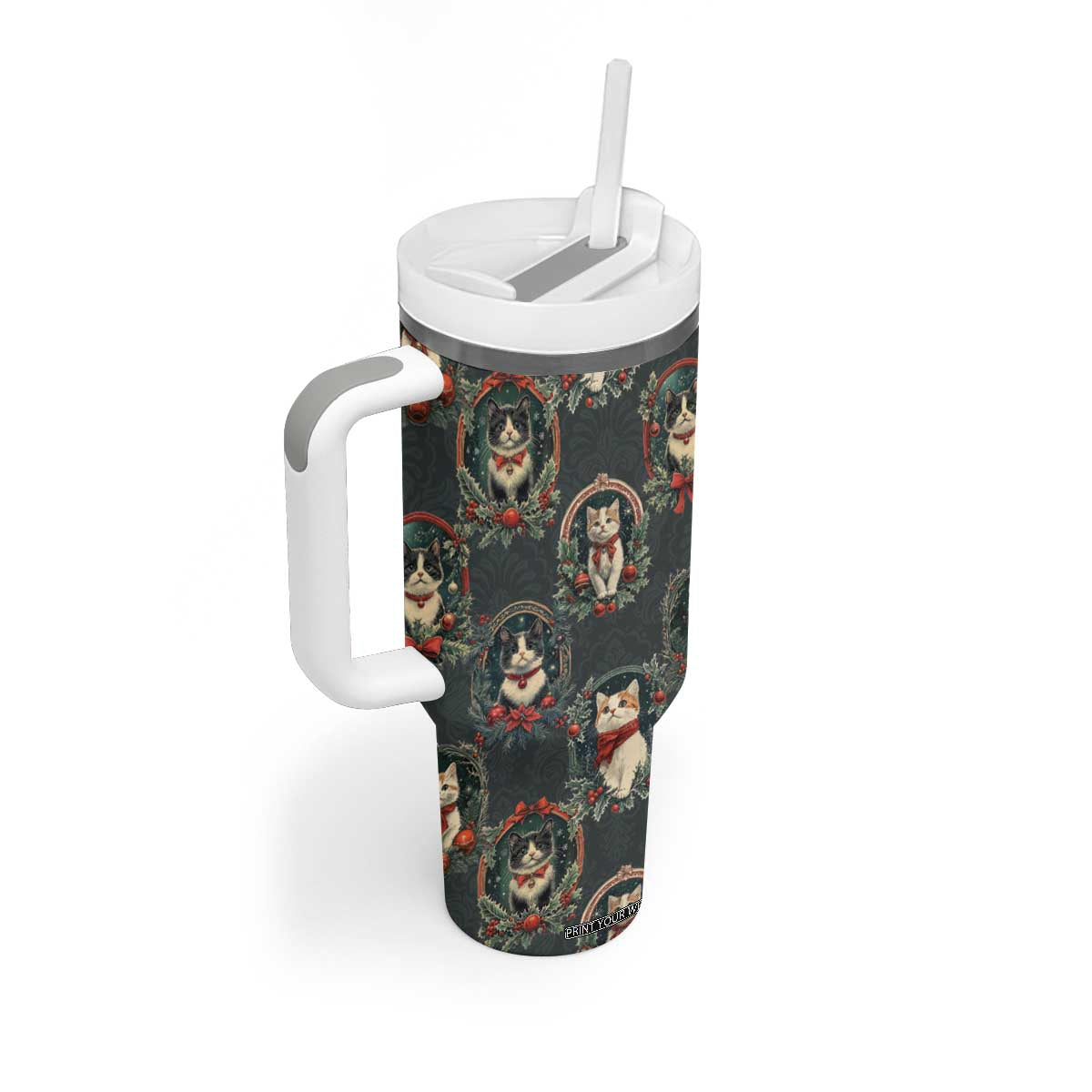 Christmas Cat Tumbler With Handle Vintage Kitten Victorian Royal Holly Wreath TB09 Print Your Wear