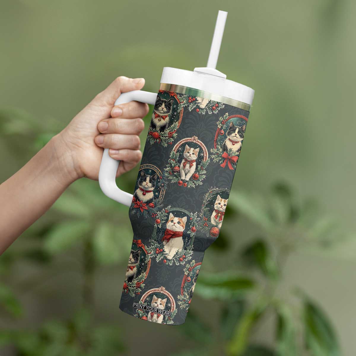 Christmas Cat Tumbler With Handle Vintage Kitten Victorian Royal Holly Wreath TB09 Print Your Wear