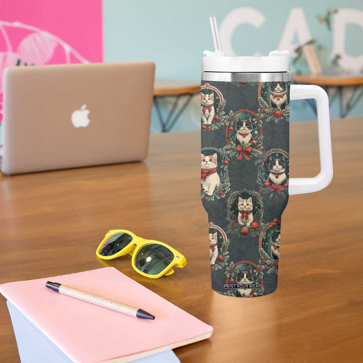 Christmas Cat Tumbler With Handle Vintage Kitten Victorian Royal Holly Wreath TB09 Print Your Wear