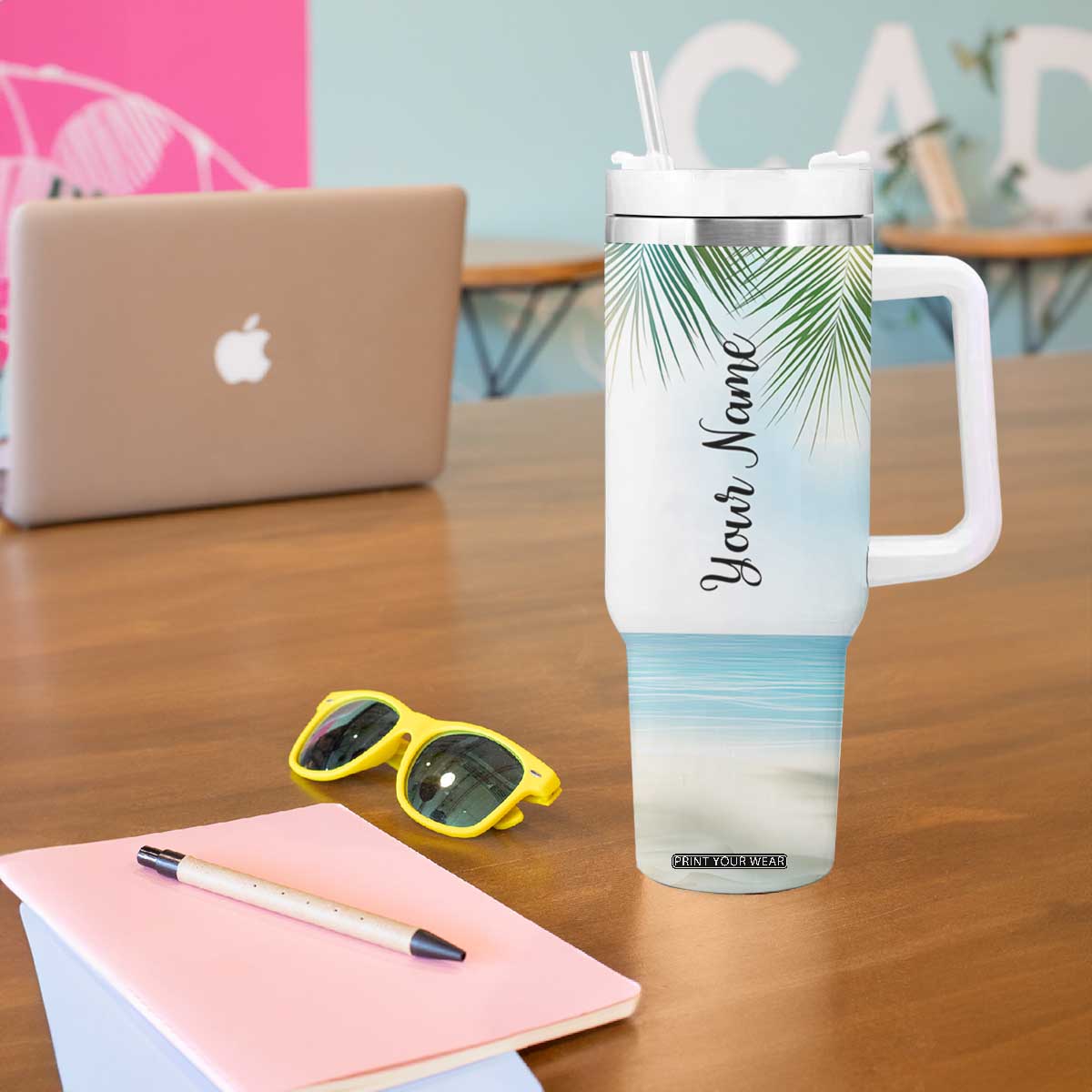 Personalized Beach Lover Tumbler With Handle Custom Name The Sun The Sand And A Drink In My Hand TB09 Print Your Wear