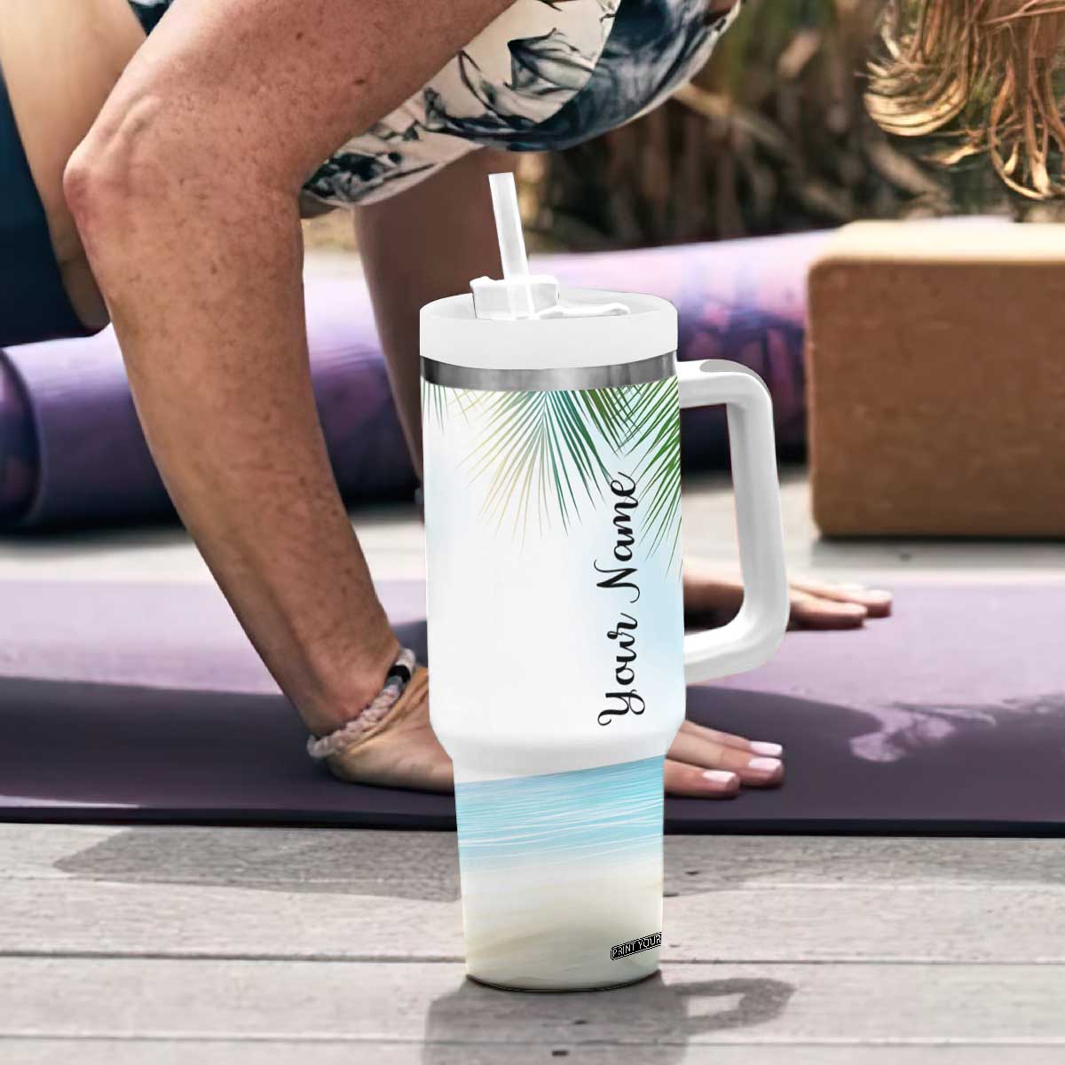 Personalized Beach Lover Tumbler With Handle Custom Name The Sun The Sand And A Drink In My Hand TB09 Print Your Wear