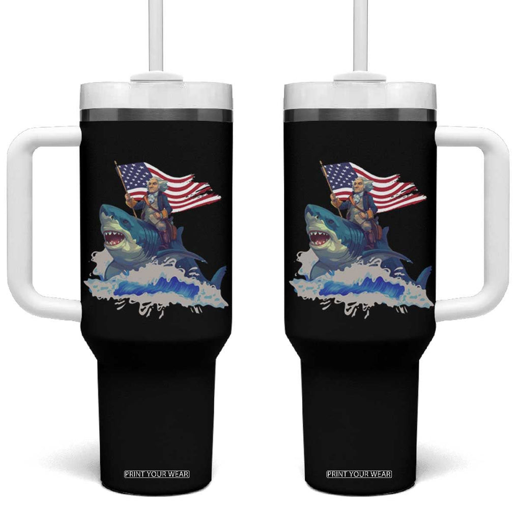 Funny 4th Of July Tumbler With Handle George Washington Riding Shark Patriotic Independence Day TB09 One Size: 40 oz Black Print Your Wear