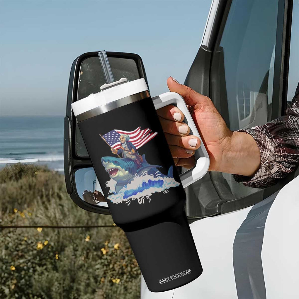 Funny 4th Of July Tumbler With Handle George Washington Riding Shark Patriotic Independence Day TB09 Print Your Wear