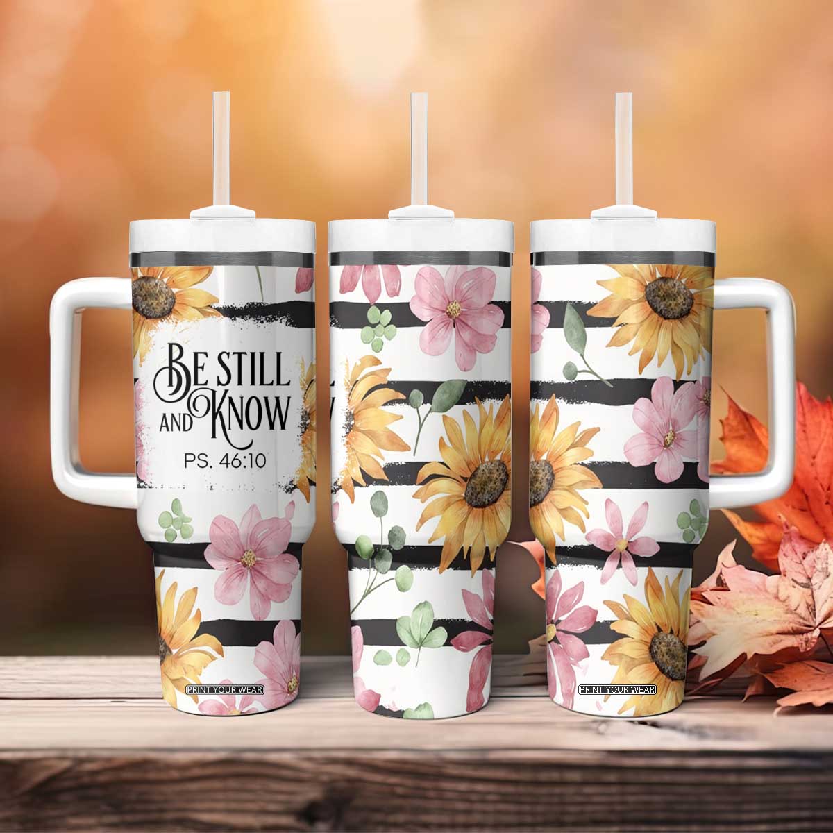 Christian Tumbler With Handle Be Still And Know Sunflower Aesthetic TB09 Print Your Wear