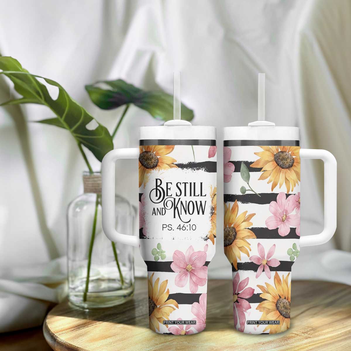 Christian Tumbler With Handle Be Still And Know Sunflower Aesthetic TB09 Print Your Wear