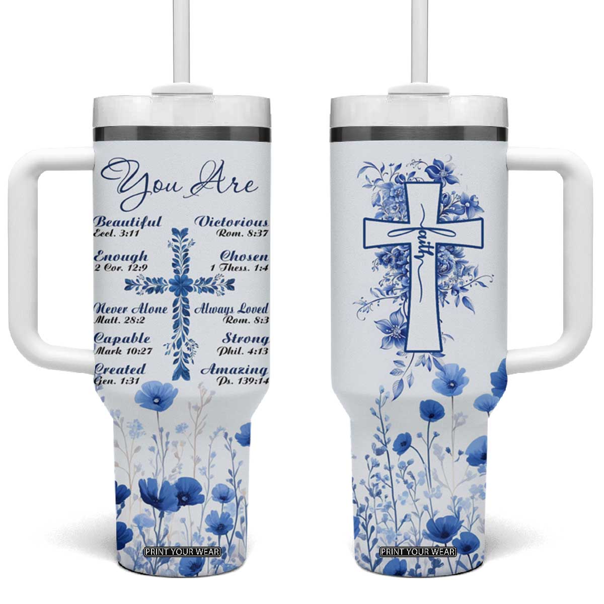 Christian Gifts Tumbler With Handle You Are Enough Inspirational Flower Christ Cross TB09 One Size: 40 oz Blue Print Your Wear