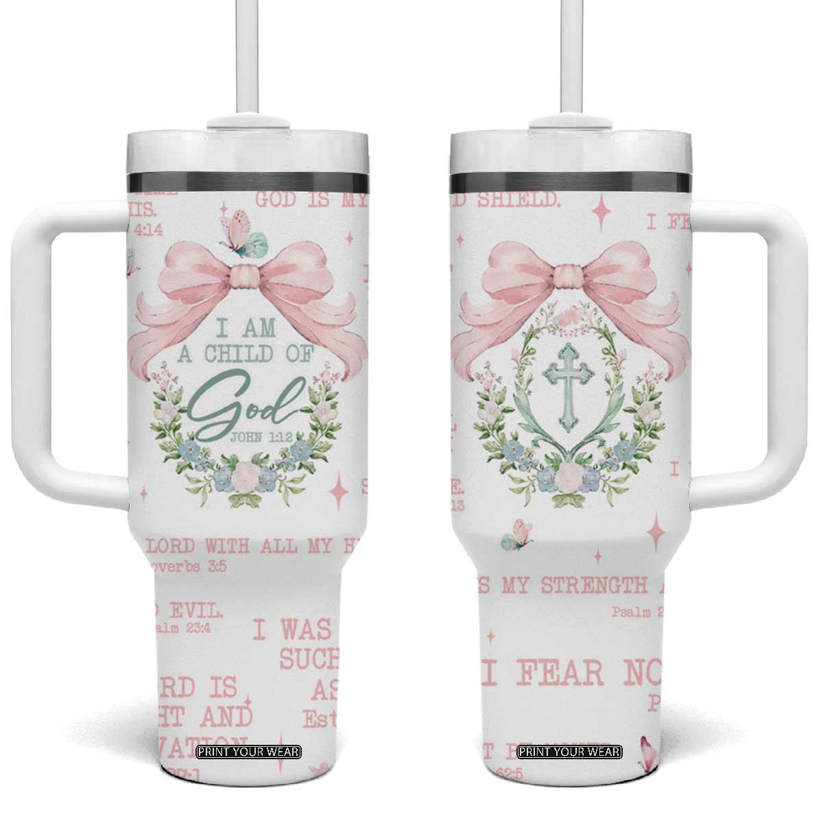 Christian Gifts Tumbler With Handle I Am A Child Of God Coquette Christ Cross TB09 One Size: 40 oz Pink Print Your Wear