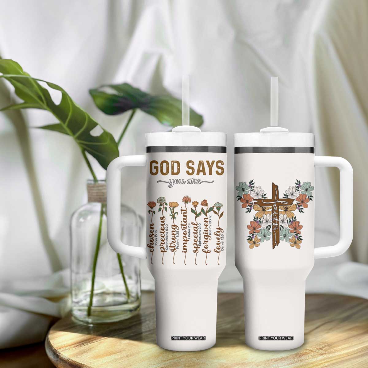 Christian Gifts Tumbler With Handle God Say You Are Inspirational Flower Butterfly Christ Cross TB09 Print Your Wear