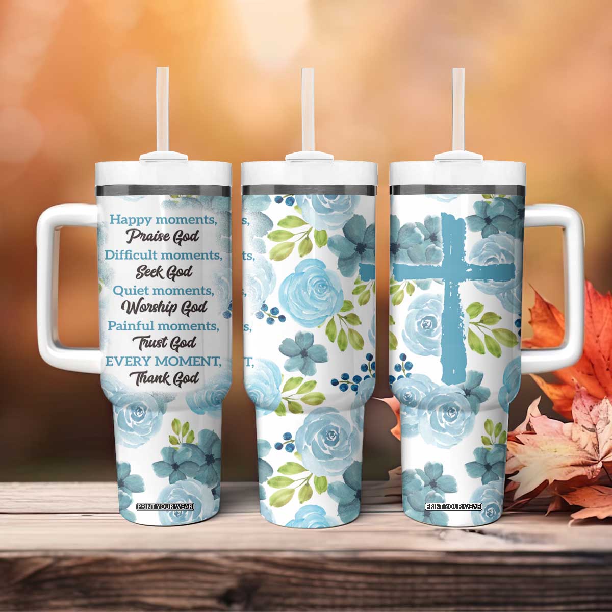 Christian Tumbler With Handle Thank God Faith Flower Christ Cross TB09 Print Your Wear