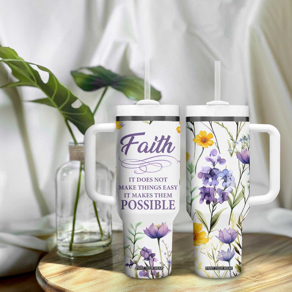 Christian Tumbler With Handle Faith Does Not Make Things Easy It Makes Them Possible TB09 Print Your Wear
