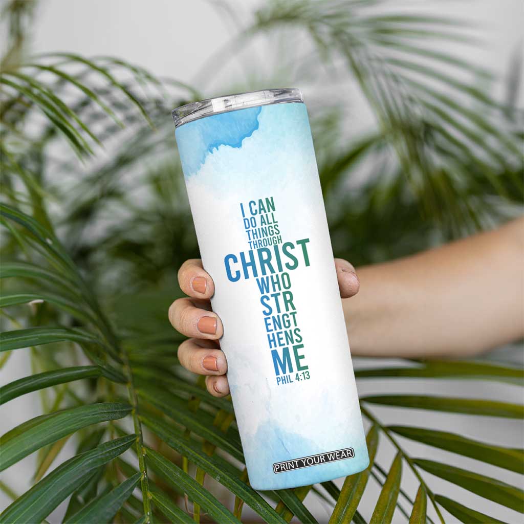 Christian Skinny Tumbler I Can Do All Things Through Christ Watercolor Christ Cross TB09 Print Your Wear