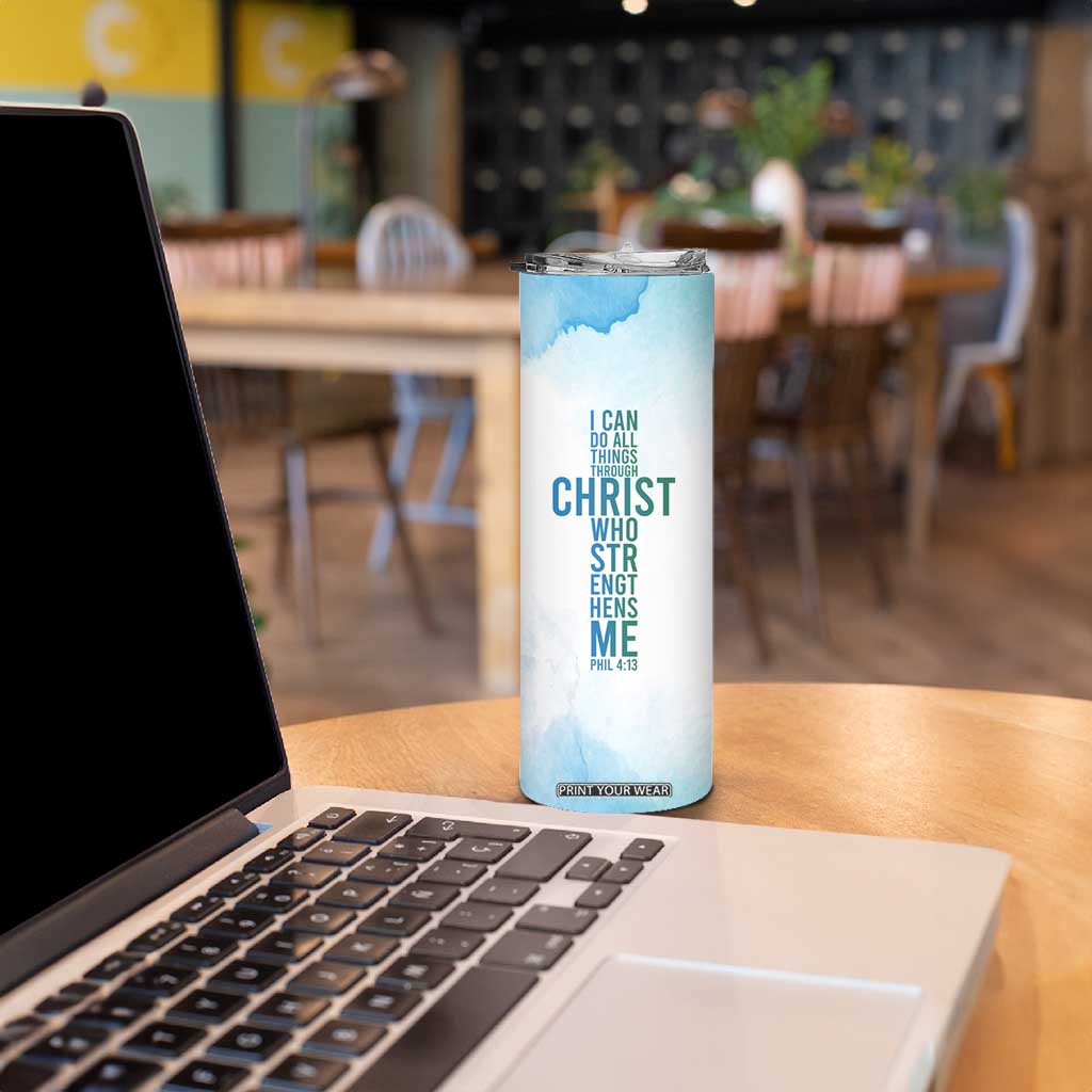 Christian Skinny Tumbler I Can Do All Things Through Christ Watercolor Christ Cross TB09 Print Your Wear