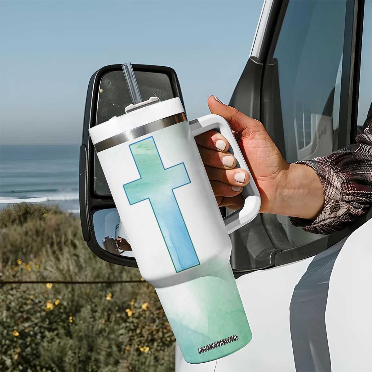 Christian Tumbler With Handle I Can Do All Things Through Christ Watercolor Christ Cross TB09 Print Your Wear