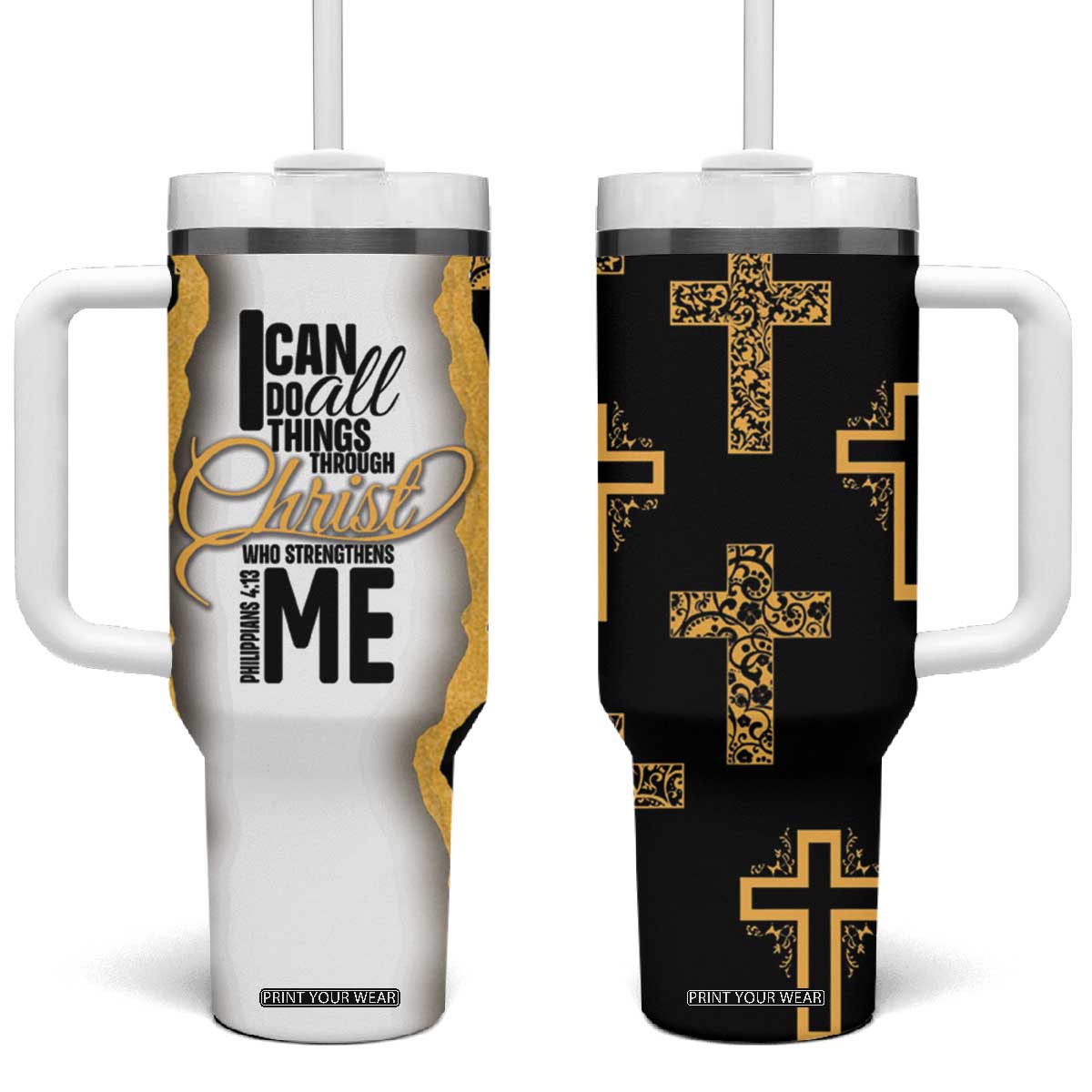 Christian Tumbler With Handle I Can Do All Things Through Christ Aesthetic TB09 One Size: 40 oz Black Print Your Wear