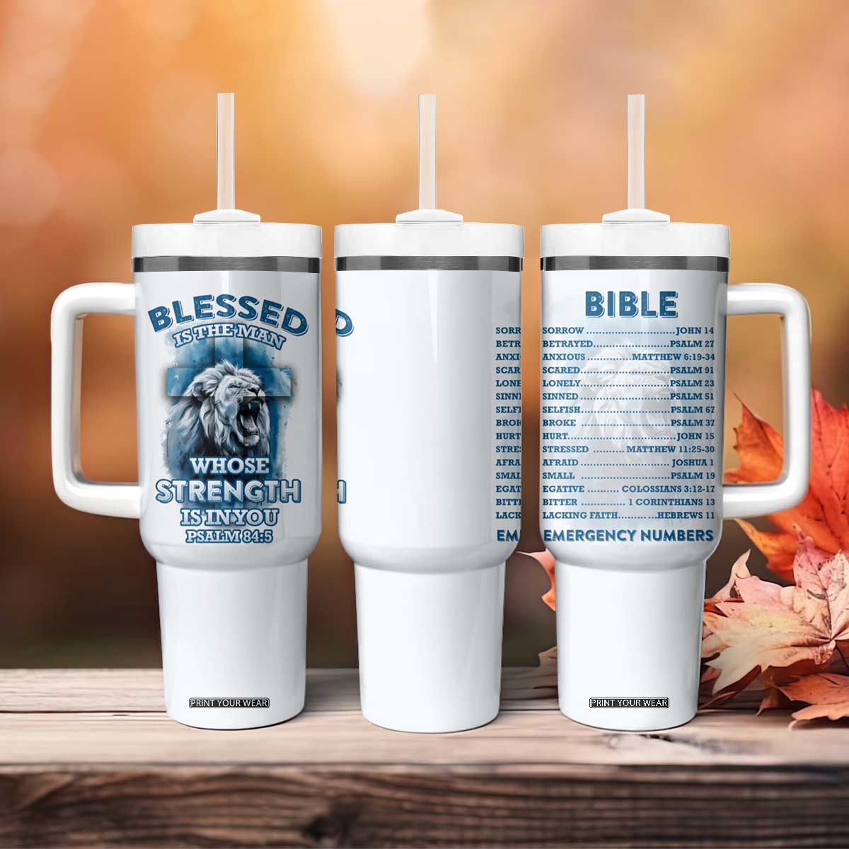 Christian Gifts For Men Tumbler With Handle Bible Emergency Numbers Lion Christ Cross TB09 Print Your Wear