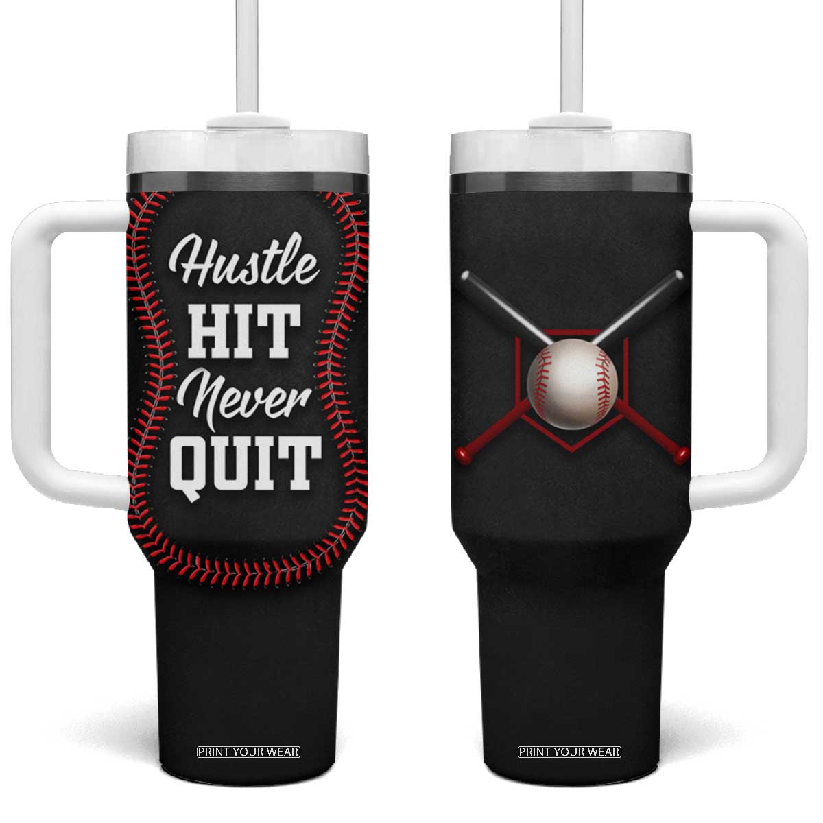 Gifts for Baseball Lover Tumbler With Handle Hustle Hit Never Quit TB09 One Size: 40 oz Black Print Your Wear