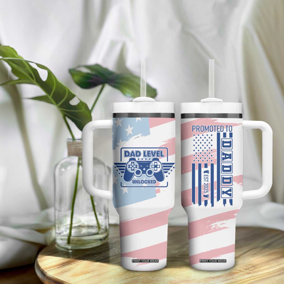 Gifts For New Dad Tumbler With Handle Promoted To Dad Est 2025 Dad Level Unlocked TB09 Print Your Wear