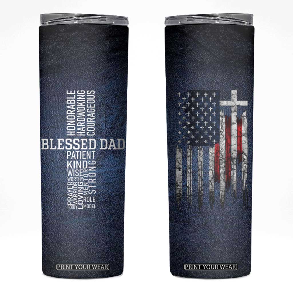 Blessed Dad Christian Skinny Tumbler Christ Cross Patriotic American Flag TB09 Blue Print Your Wear