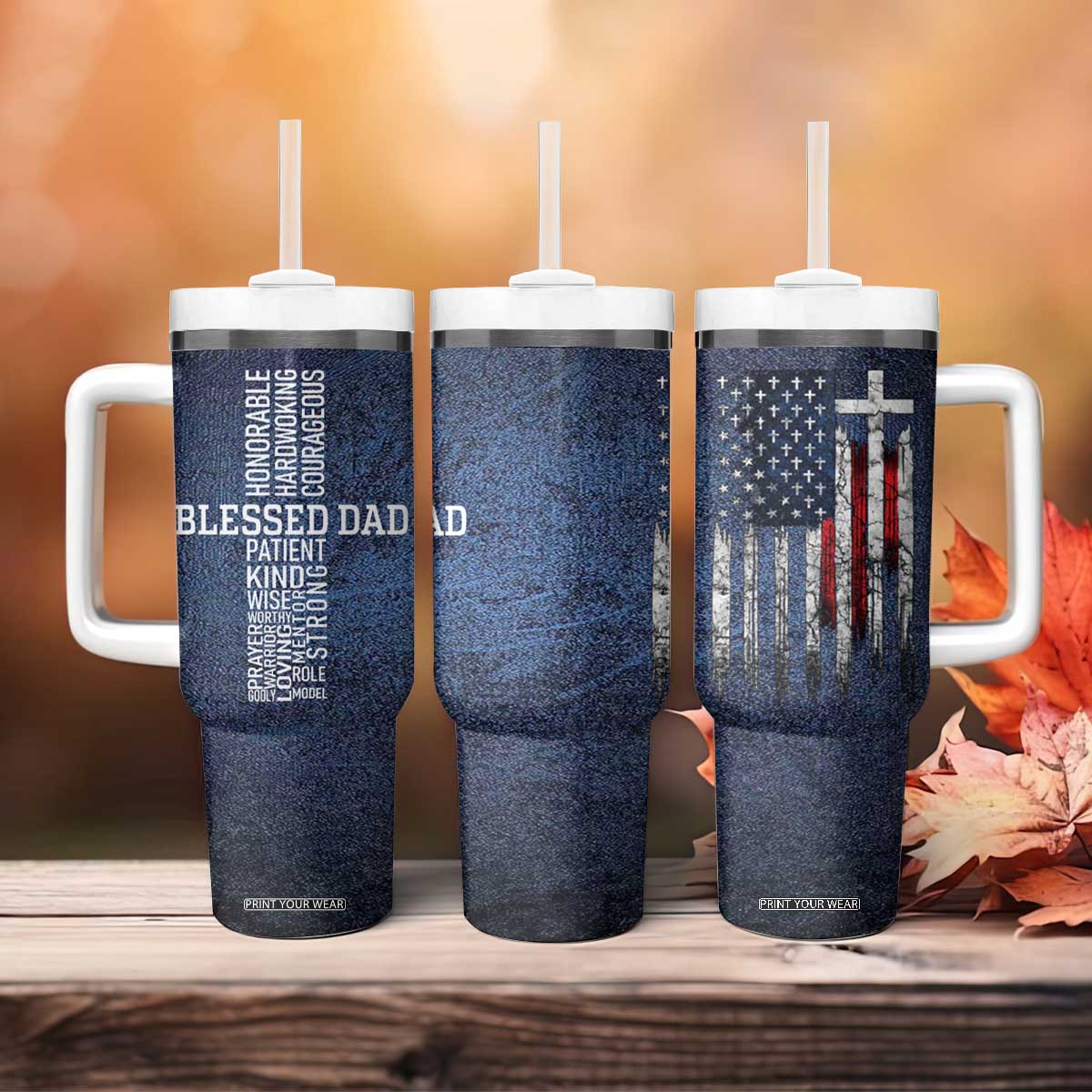 Blessed Dad Christian Tumbler With Handle Christ Cross Patriotic American Flag TB09 Print Your Wear