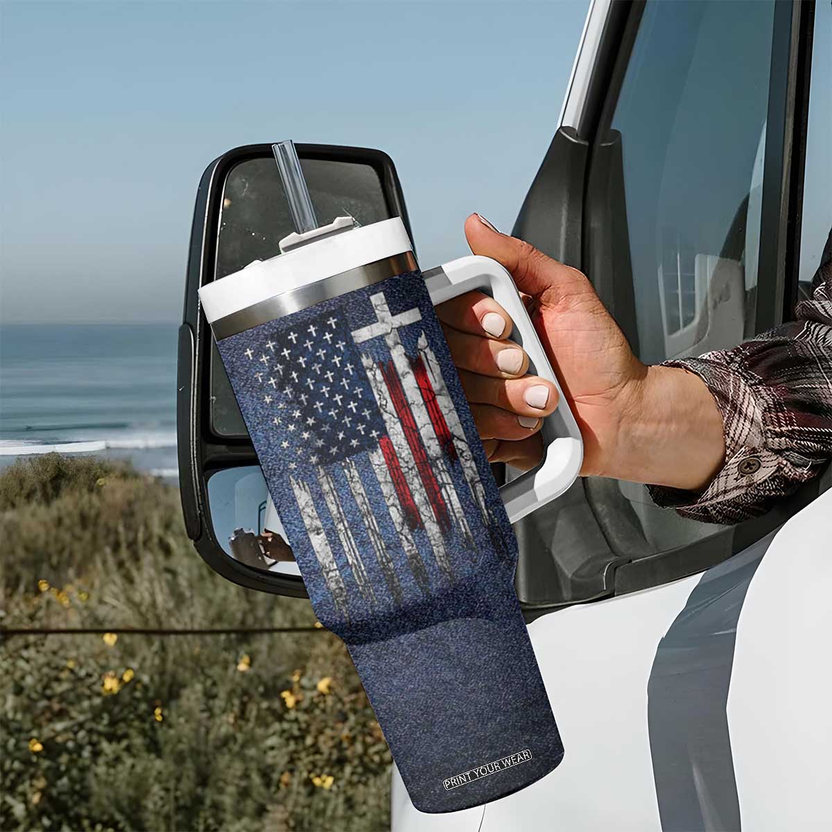 Blessed Dad Christian Tumbler With Handle Christ Cross Patriotic American Flag TB09 Print Your Wear