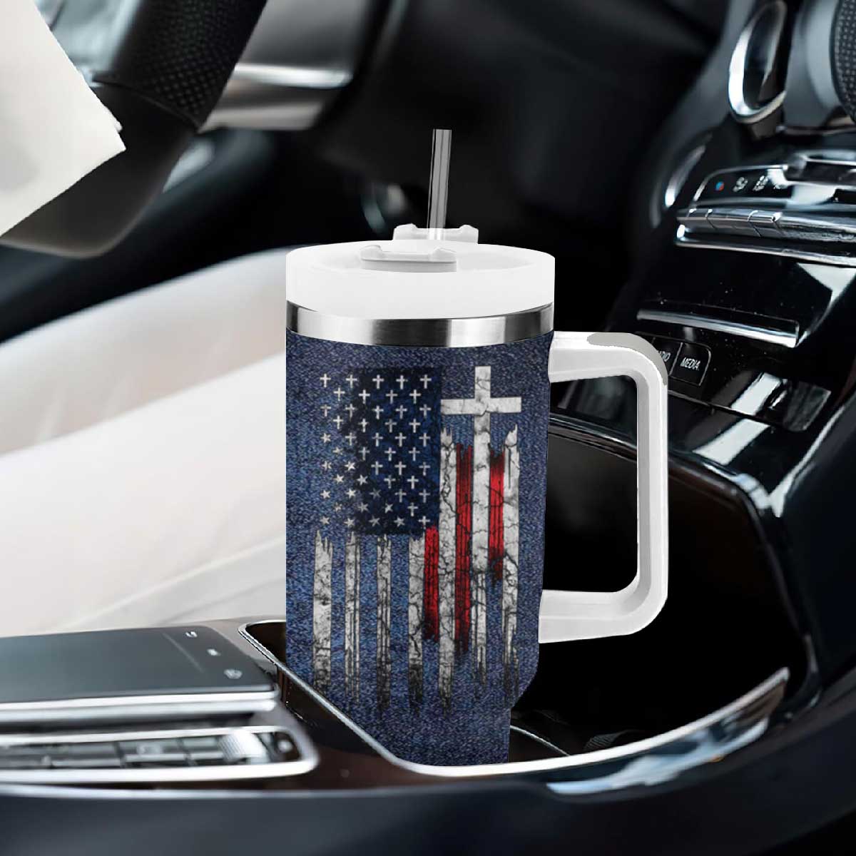 Blessed Dad Christian Tumbler With Handle Christ Cross Patriotic American Flag TB09 Print Your Wear