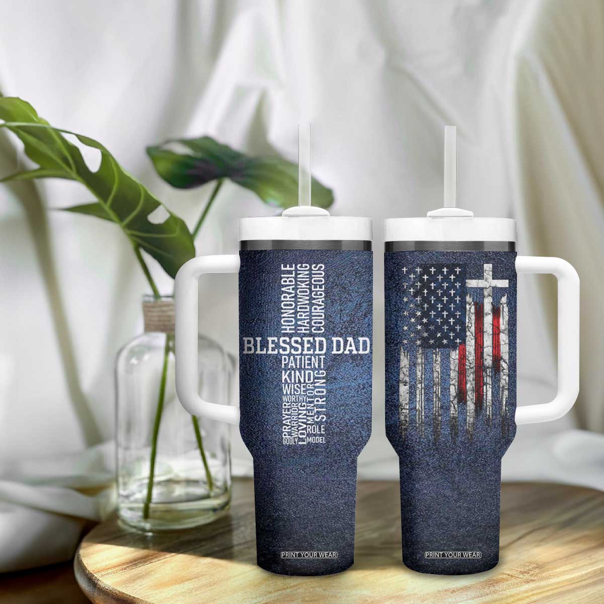 Blessed Dad Christian Tumbler With Handle Christ Cross Patriotic American Flag TB09 Print Your Wear
