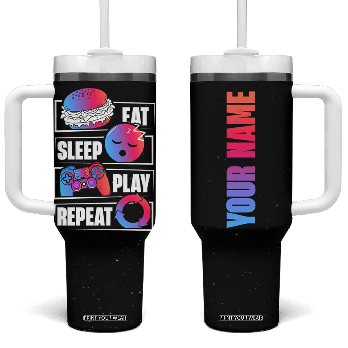 Personalized Gamer Tumbler With Handle Custom Name Eat Sleep Gaming Repeat TB09 One Size: 40 oz Black Print Your Wear
