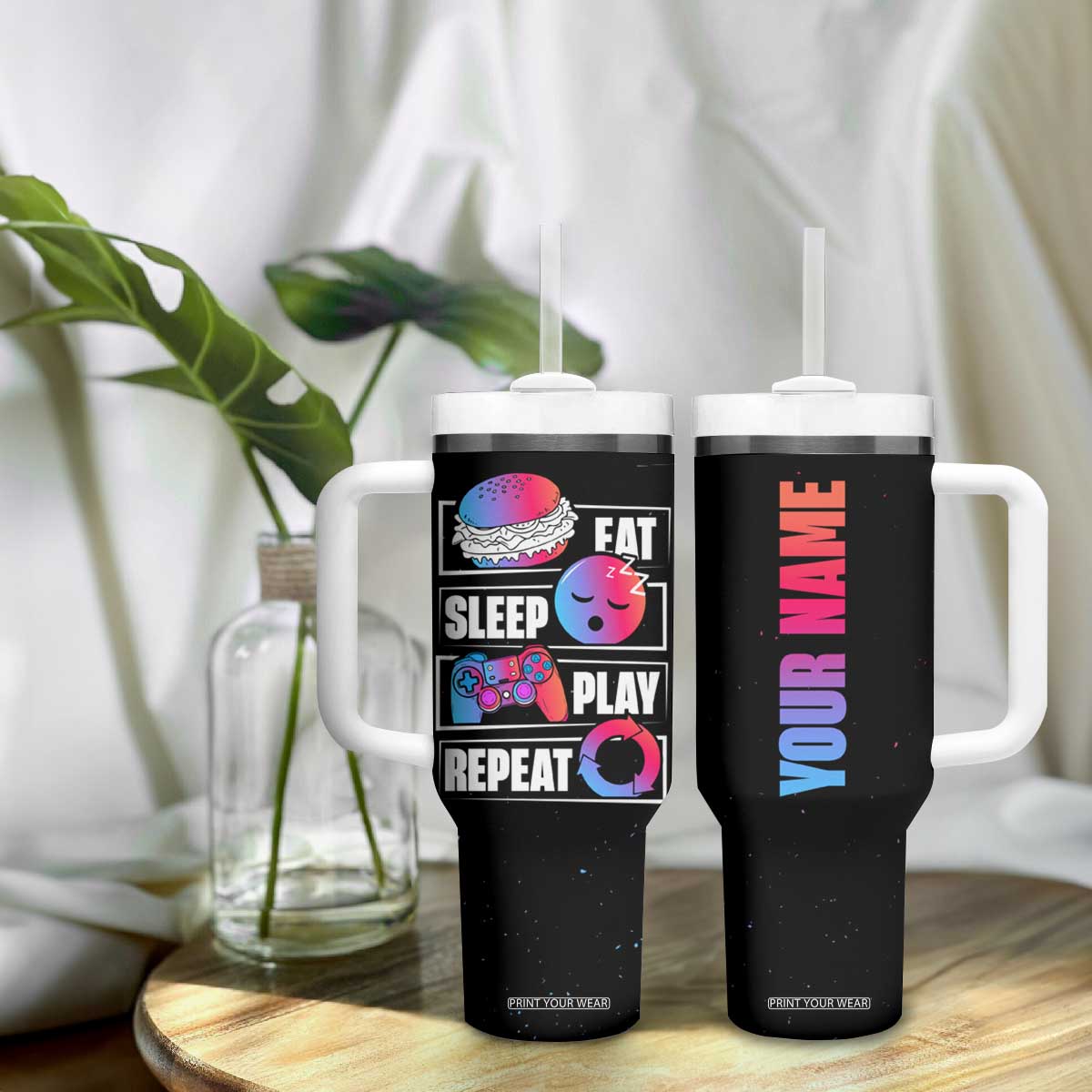 Personalized Gamer Tumbler With Handle Custom Name Eat Sleep Gaming Repeat TB09 Print Your Wear