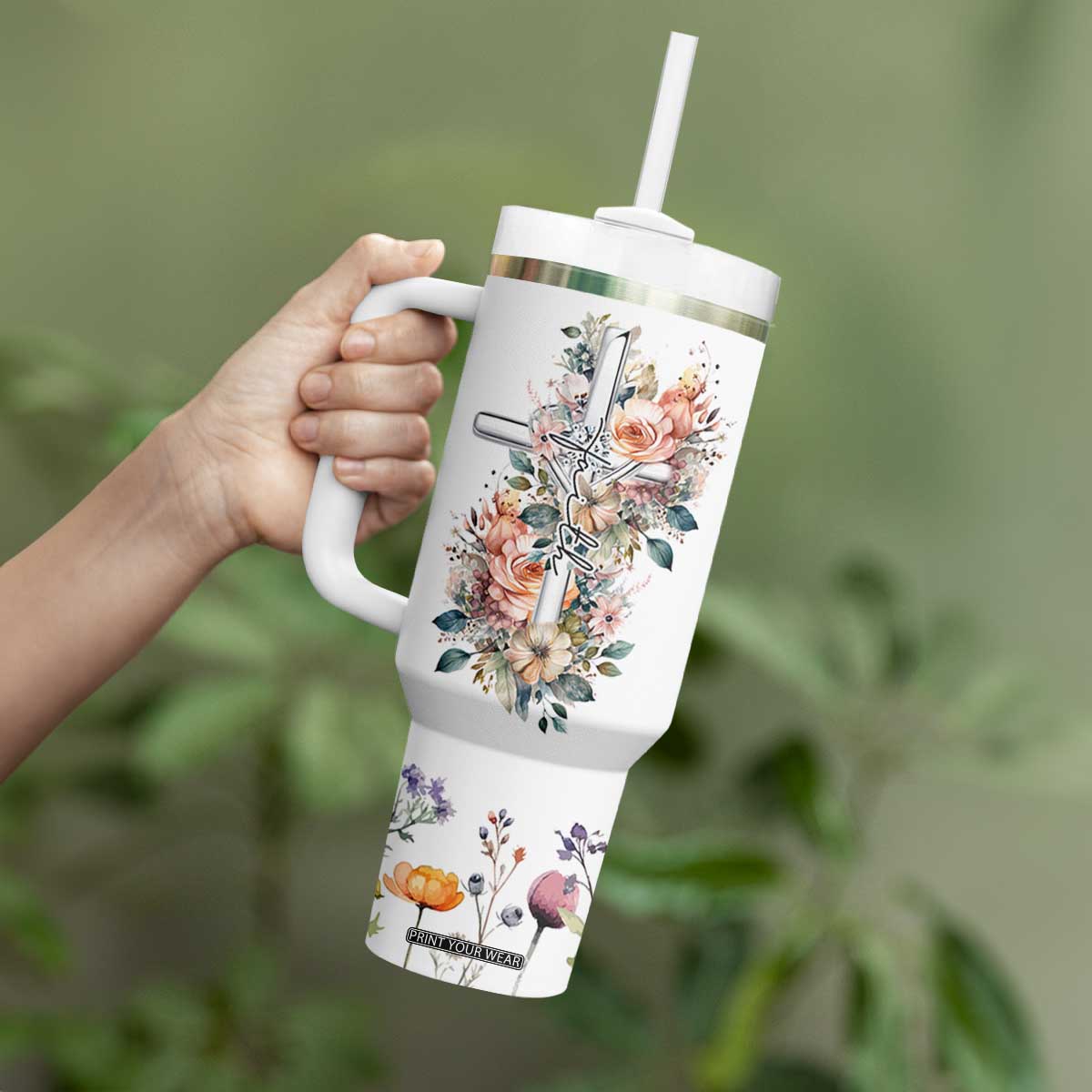 Christian Gifts for Women Faith Tumbler With Handle Encouragement Inspirational Flower Mothers Day Bible Gift TB10 Print Your Wear