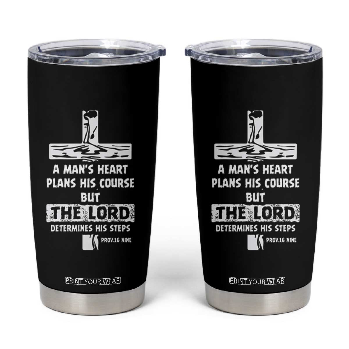Christian Gifts For Men Tumbler Cup A Man’s Heart Proverbs 16:9 Bible Verse TB10 Black Print Your Wear