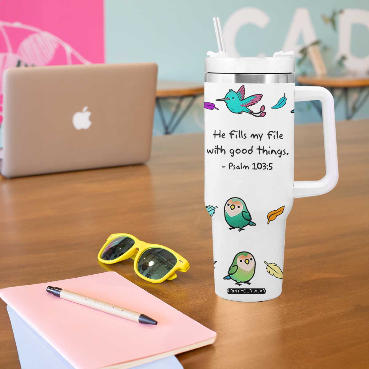 Christian Gifts Tumbler With Handle Birds Psalm 103:5 He Fills My Life With Good Things
