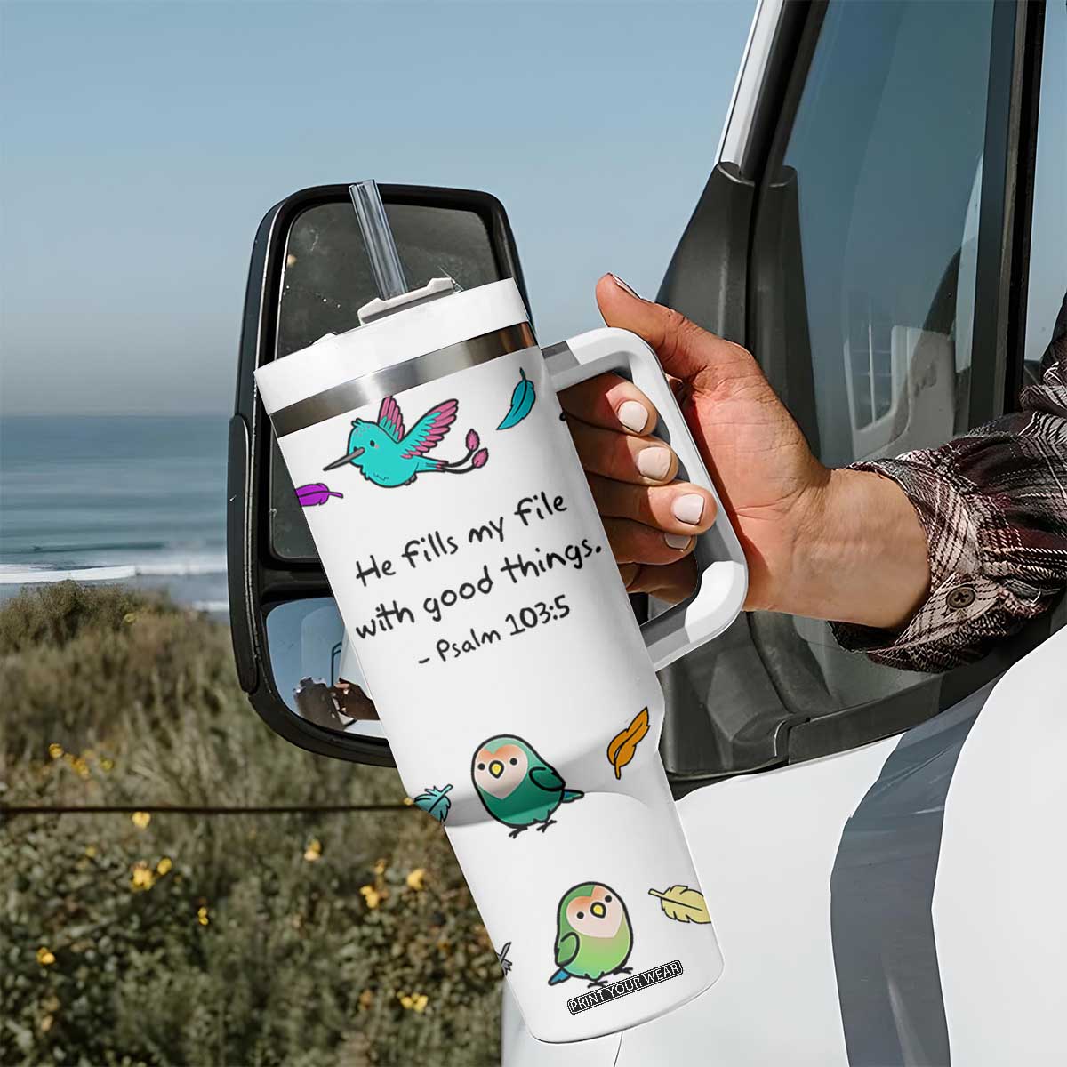 Christian Gifts Tumbler With Handle Birds Psalm 103:5 He Fills My Life With Good Things