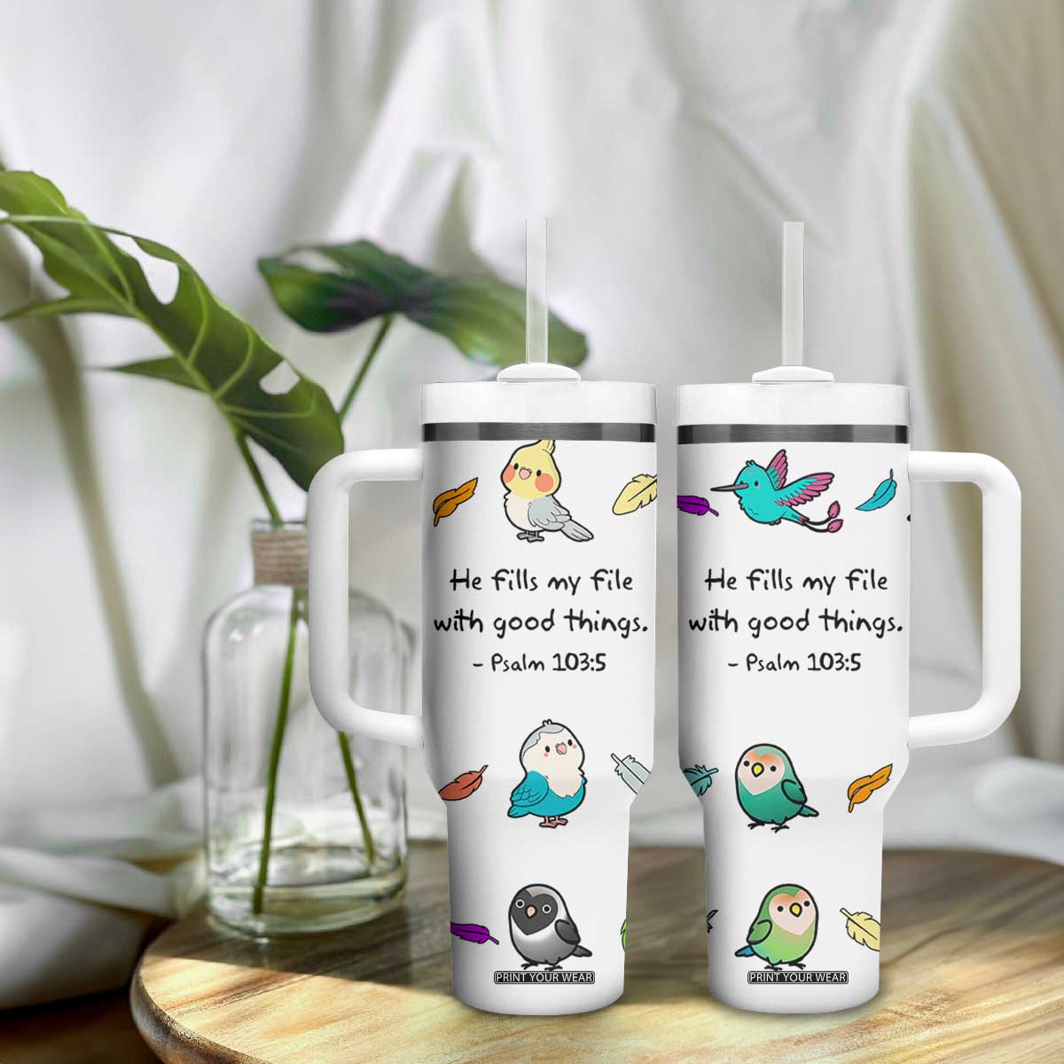 Christian Gifts Tumbler With Handle Birds Psalm 103:5 He Fills My Life With Good Things