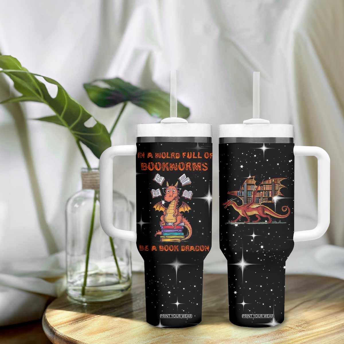 Book Lover Tumbler With Handle In A World Full Of Bookworms Be A Book Dragon TB10 Print Your Wear