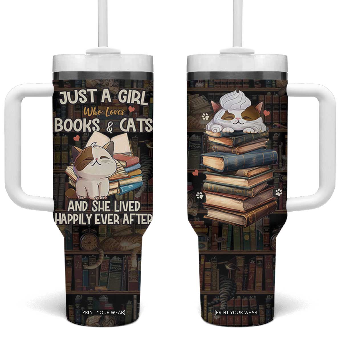 Cat Bookish Tumbler With Handle Just A Girl Who Loves Cats And Books Library Cat TB10 One Size: 40 oz Multicolor Print Your Wear