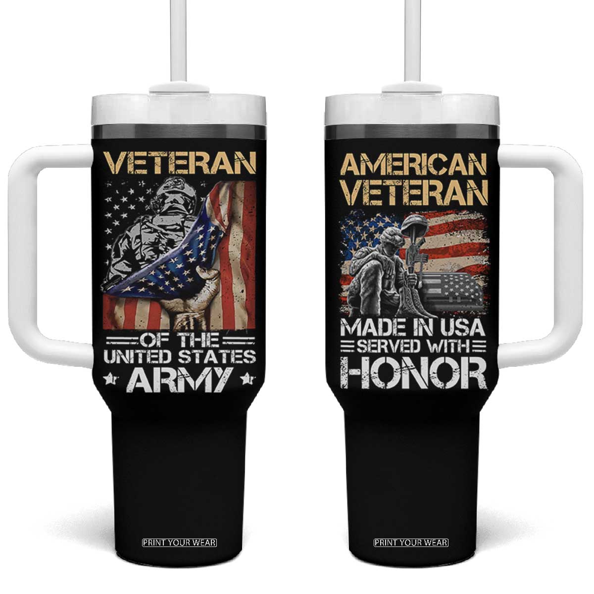 Veteran Of The United States Army Tumbler With Handle Vintage American Flag TB10 One Size: 40 oz Black Print Your Wear