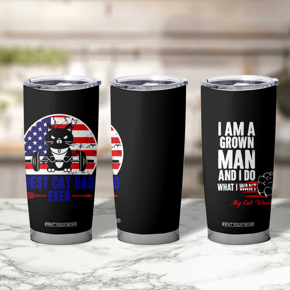 Best Cat Dad Ever Tumbler Cup Funny Father's Day Cat Lover Gag Gift American Flag TB10 Print Your Wear