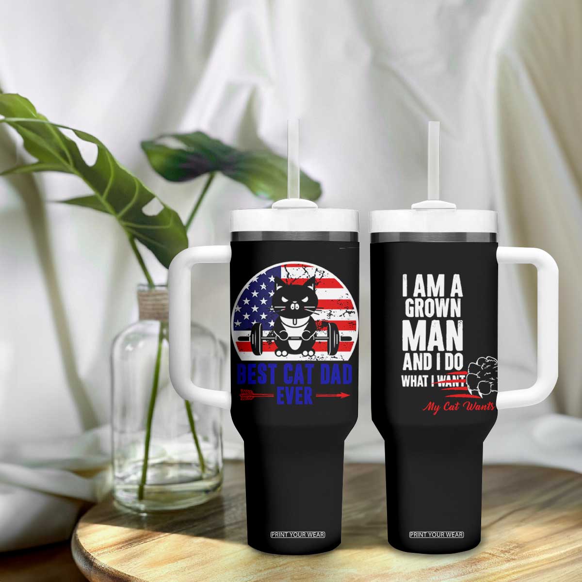 Best Cat Dad Ever Tumbler With Handle Funny Father's Day Cat Lover Gag Gift American Flag TB10 Print Your Wear