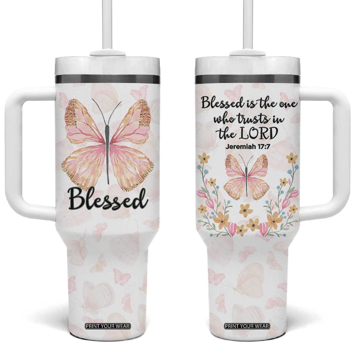 Christian Gifts for Women Faith Tumbler With Handle Blessed Inspirational Religious Bible Gift for Her Pink Butterfly TB10 One Size: 40 oz Pink Print Your Wear