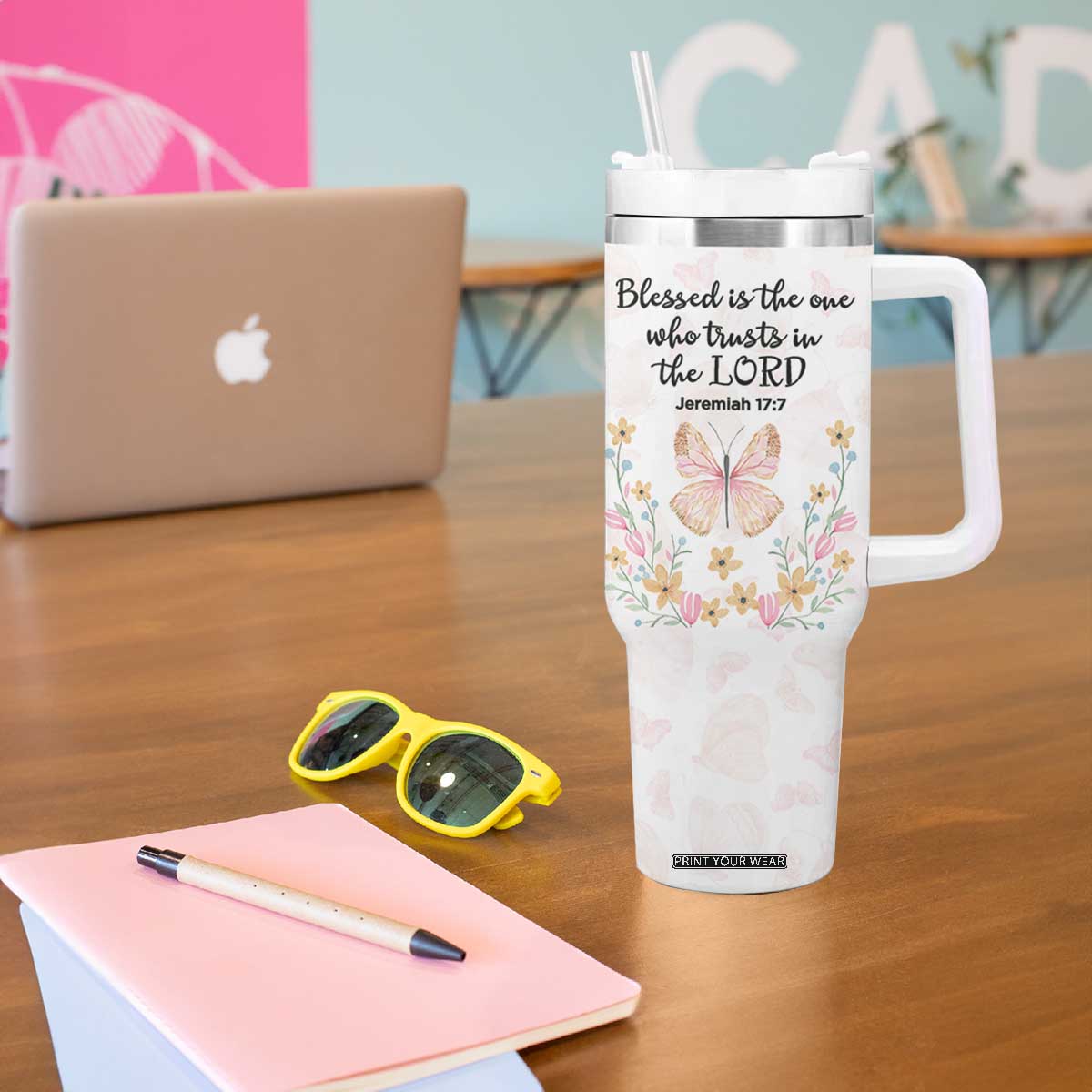 Christian Gifts for Women Faith Tumbler With Handle Blessed Inspirational Religious Bible Gift for Her Pink Butterfly TB10 Print Your Wear