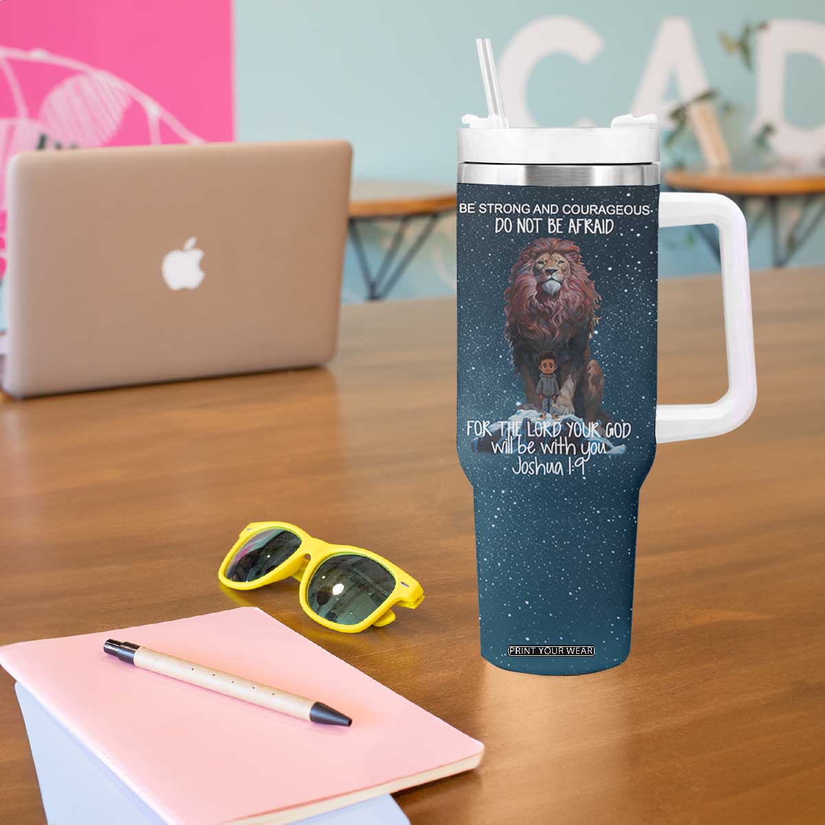 Bible Verse Tumbler With Handle Inspirational Scripture Strong & Courageous Joshua 1:9 TB10 Print Your Wear