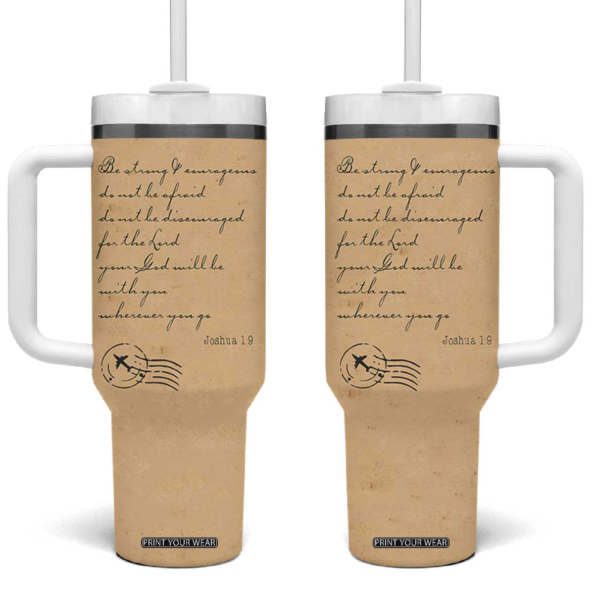 Vintage Christian Tumbler With Handle Be Strong and Courageous Joshua 1:9 Bible Verse TB10 One Size: 40 oz Brown Print Your Wear