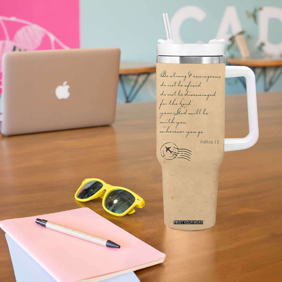 Vintage Christian Tumbler With Handle Be Strong and Courageous Joshua 1:9 Bible Verse TB10 Print Your Wear