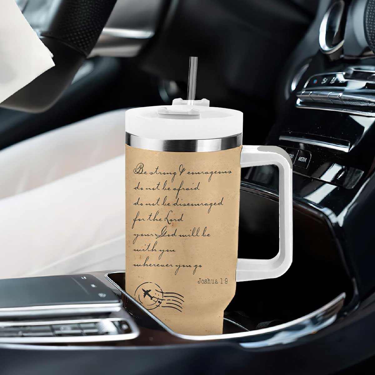 Vintage Christian Tumbler With Handle Be Strong and Courageous Joshua 1:9 Bible Verse TB10 Print Your Wear