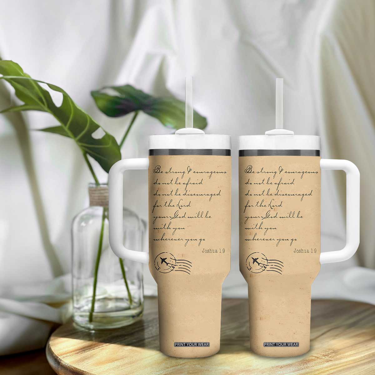 Vintage Christian Tumbler With Handle Be Strong and Courageous Joshua 1:9 Bible Verse TB10 Print Your Wear