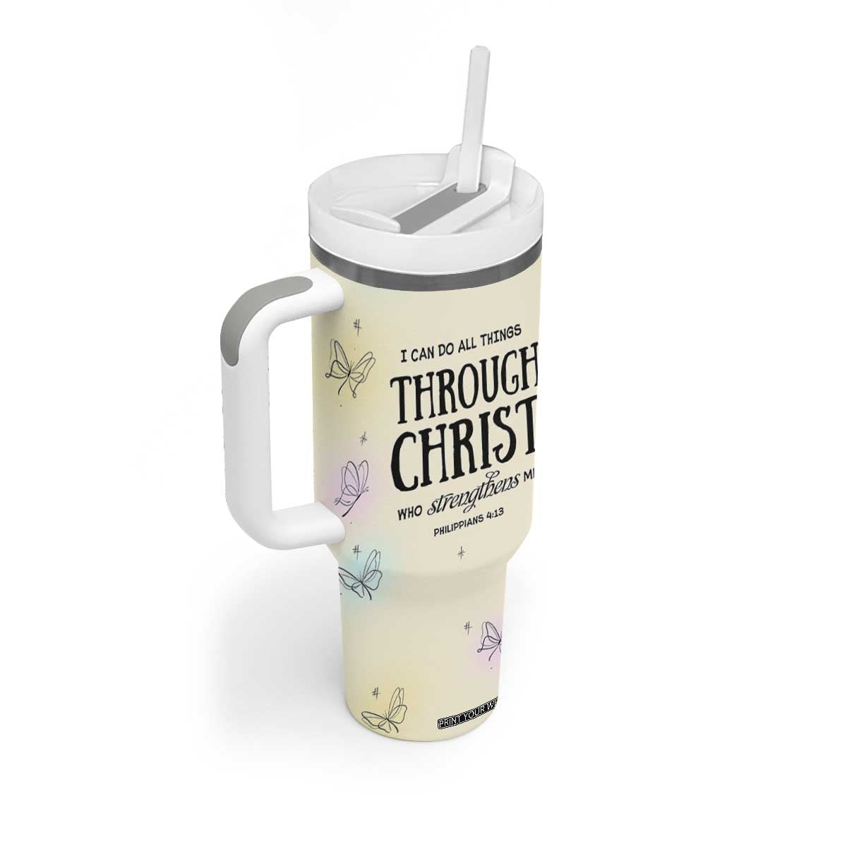 Christian Gifts for Women Faith Tumbler With Handle Christ Encouraging Bible Verse Cute Butterflies TB10 Print Your Wear